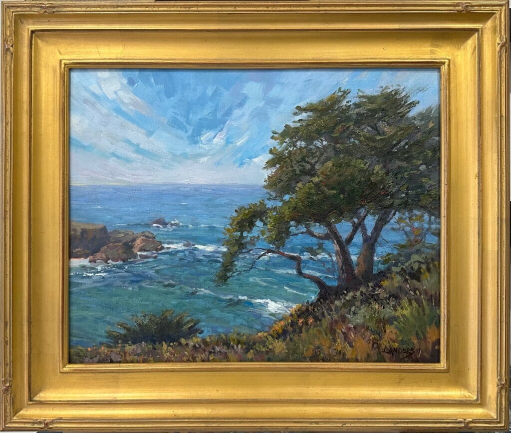 Oil painting of a tree on the edge of the ocean