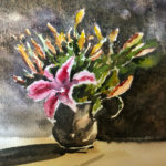 Pink Lilies in metal pitcher